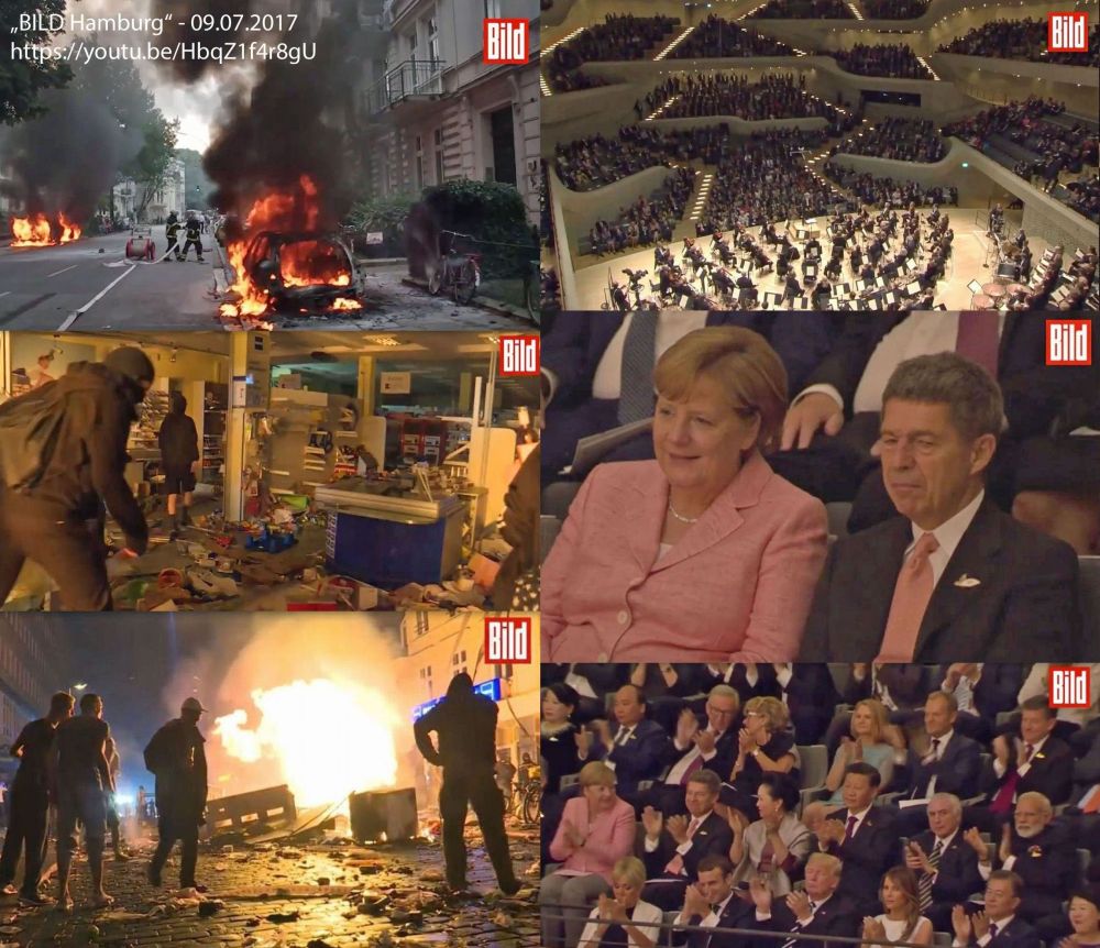 G20-Kokon im brennenden Hamburg